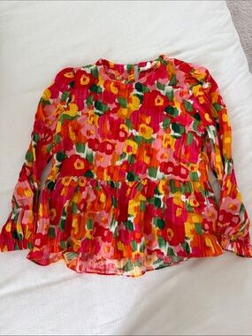 Pomander Place Bright Floral Long-Sleeve Peplum Top - Red Pink Yellow Green